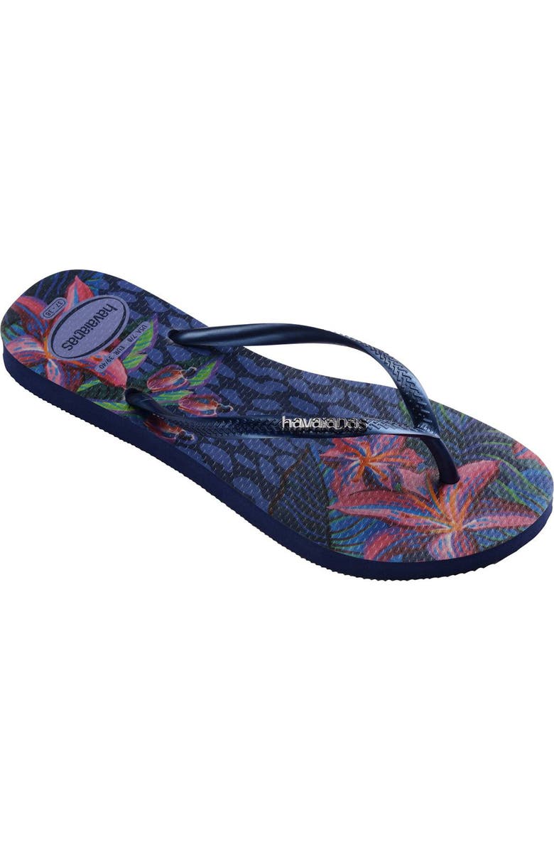 Havaianas Slim Animal Floral Fusion Flip Flop, Main, color, Navy Blue