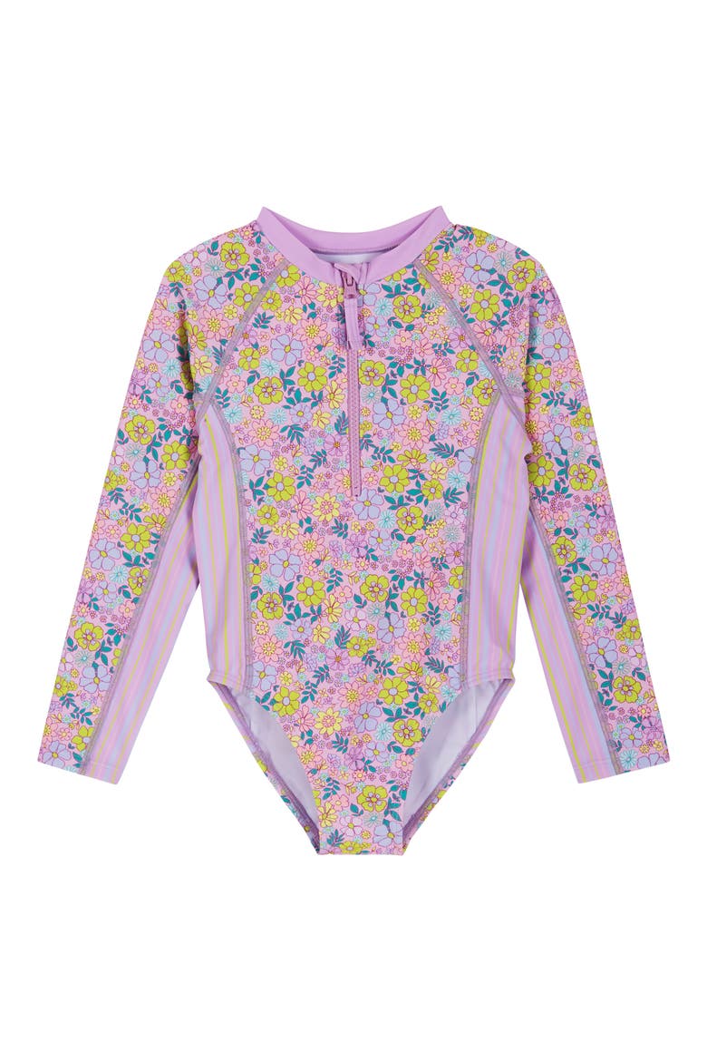 Kids' Long Sleeve One-Piece Rashguard Swimsuit & Scrunchie Set, Alternate, color, PURPLE MIX