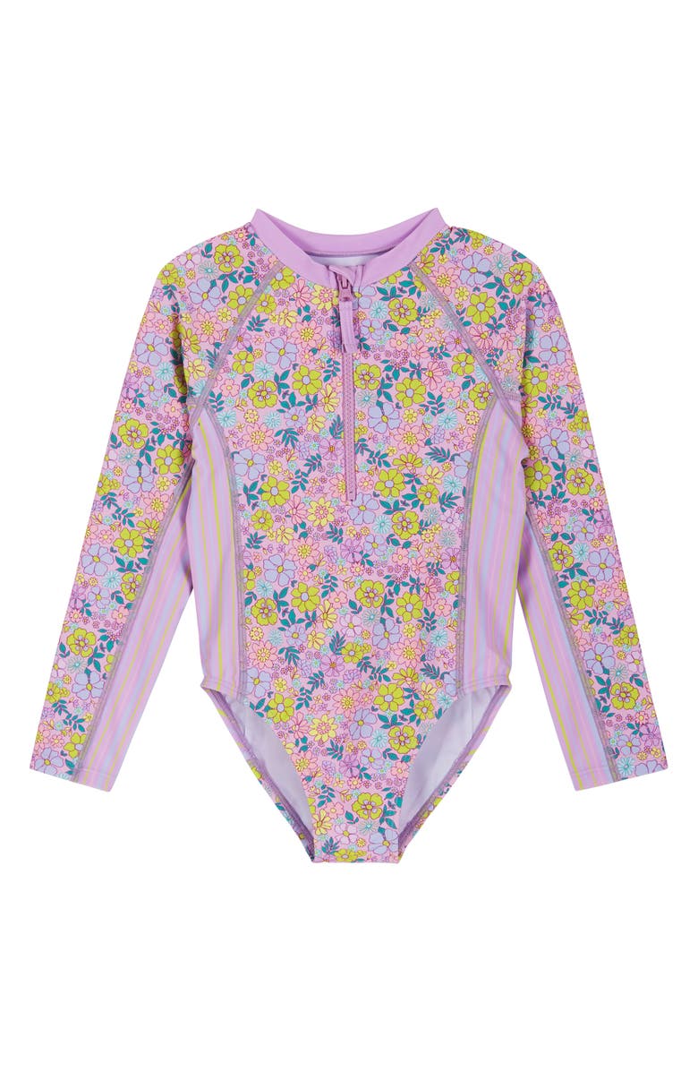 Andy & Evan Kids' Long Sleeve One-Piece Rashguard Swimsuit & Scrunchie Set, Alternate, color, Purple Mix