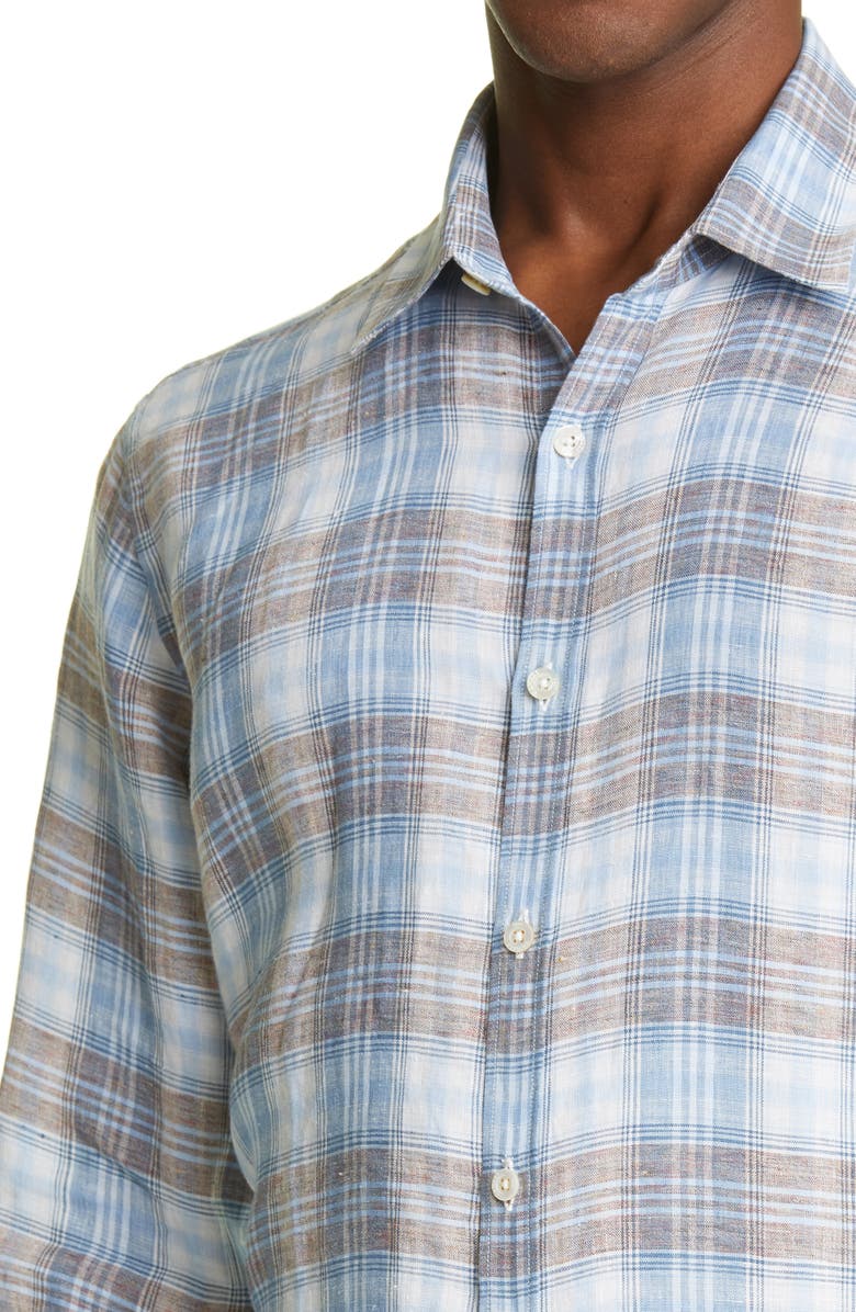 Canali Classic Fit Plaid Linen Button-Up Shirt, Alternate, color,
