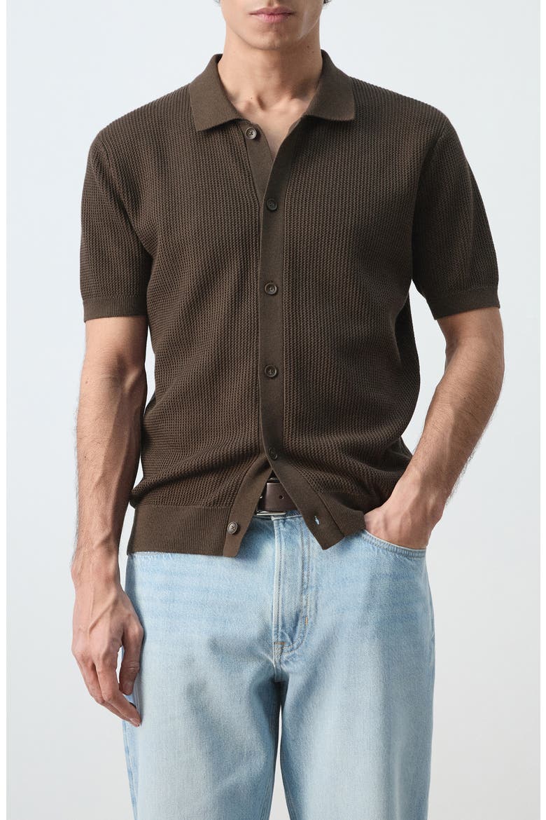Cotton Piqué Button-Up Shirt, Main, color, CHOCOLATE