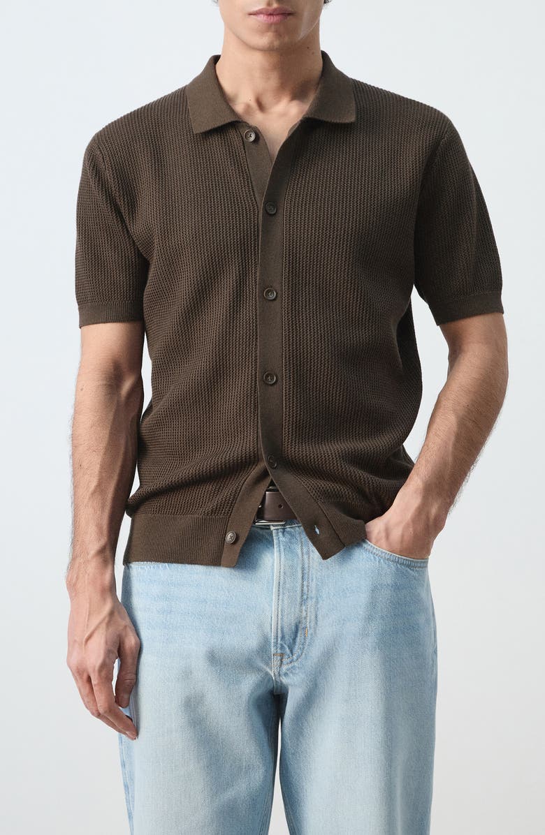 MANGO Cotton Piqué Button-Up Shirt, Main, color, Chocolate