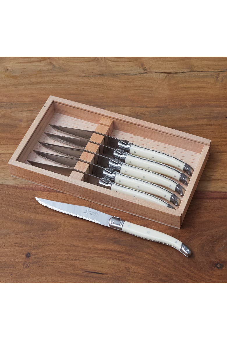 6 Piece Steak Knife Set, Platine in Wood Box with Acrylic Lid, Alternate, color, Ivory