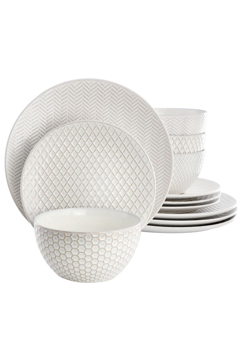 Earlhart 12 Piece Stoneware Dinnerware Set in White, Main, color, White