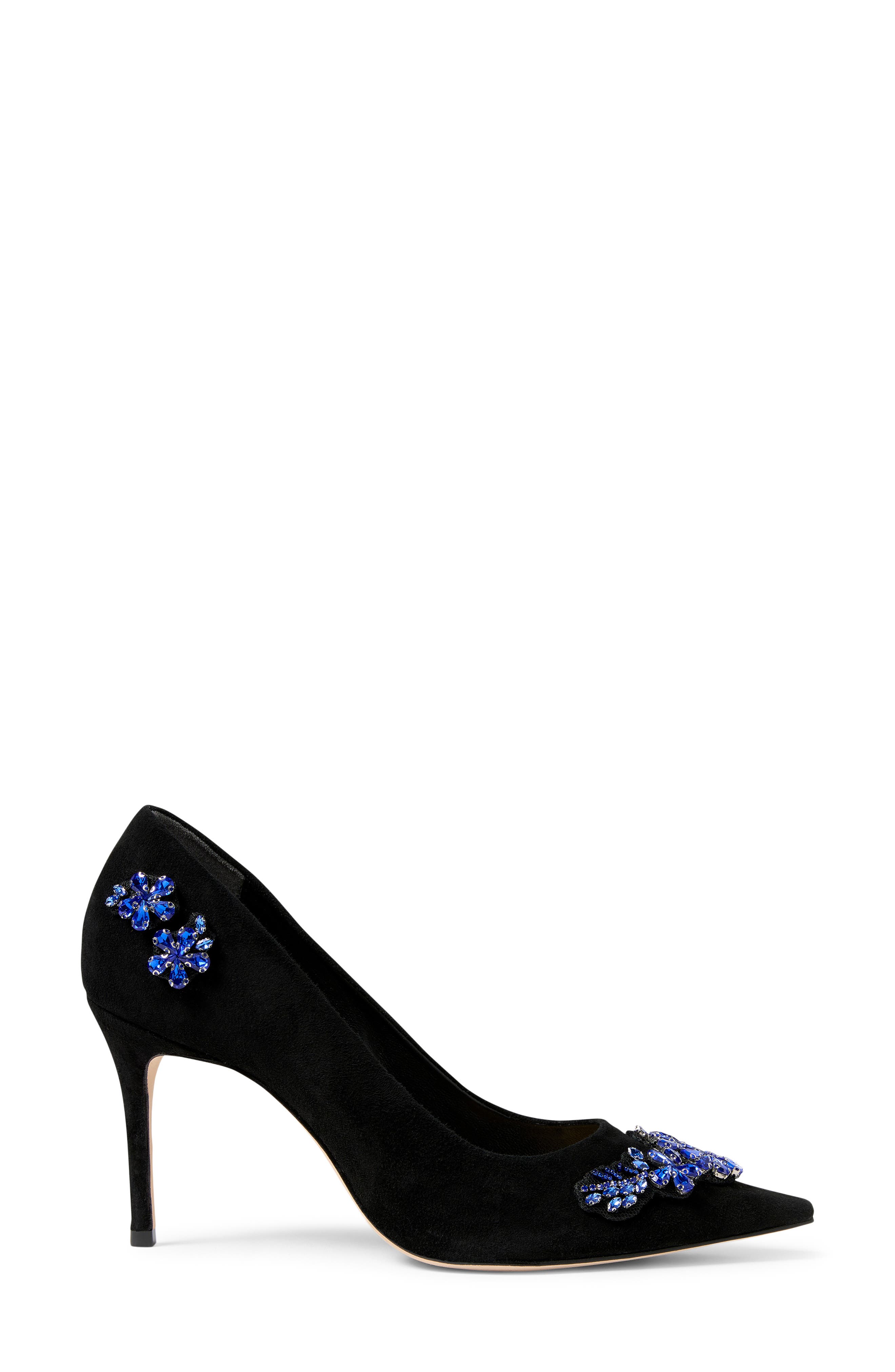 Appliqué Pointed Toe Pump, Alternate, color, BLACK/ BLUE CRYSTAL