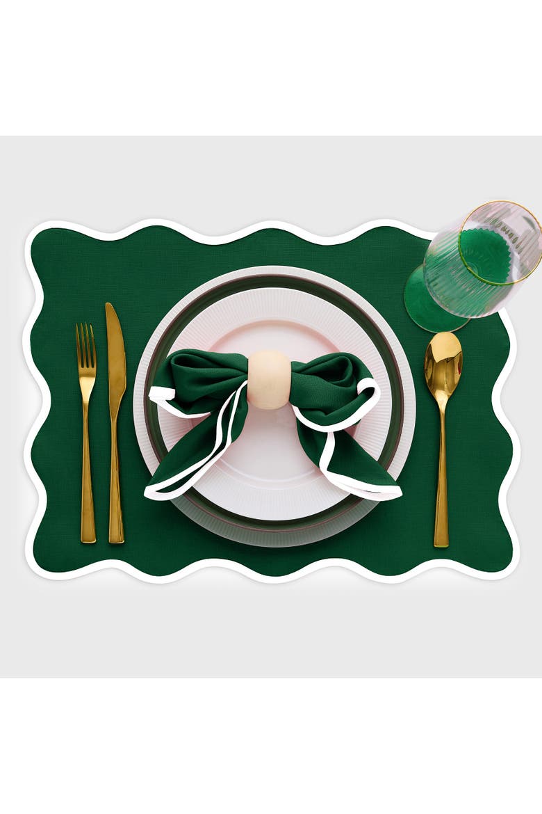 Linen Placemats Set of 4, 14 x 19" - Giselle Scallop Edge, Alternate, color, White and Christmas Green