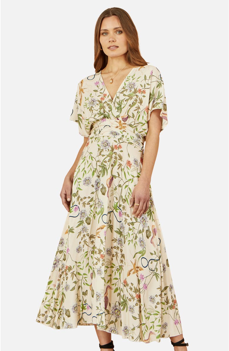 Yumi Floral Print Ruched Waist Midi Dress, Alternate, color, Beige