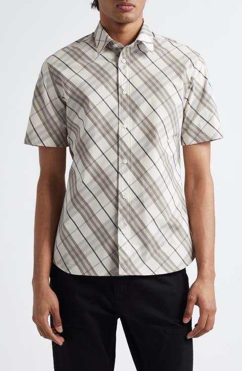 Check Short Sleeve Cotton Poplin Button-Up Shirt