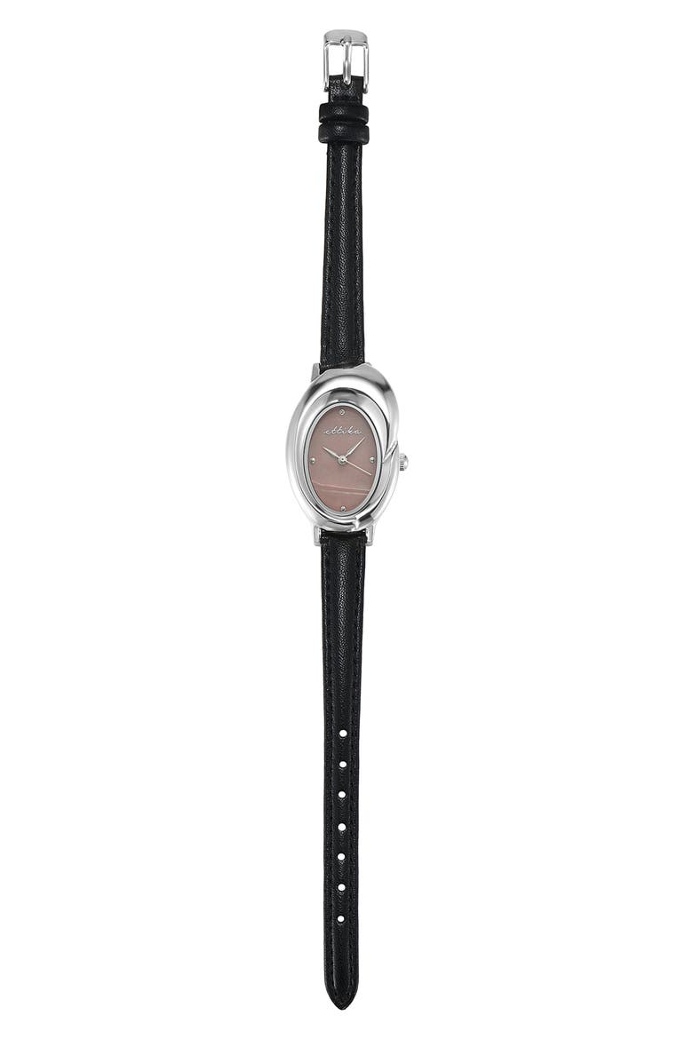 Sculpted Oval Leather Strap Watch, Alternate, color, BLACK AND SILVER