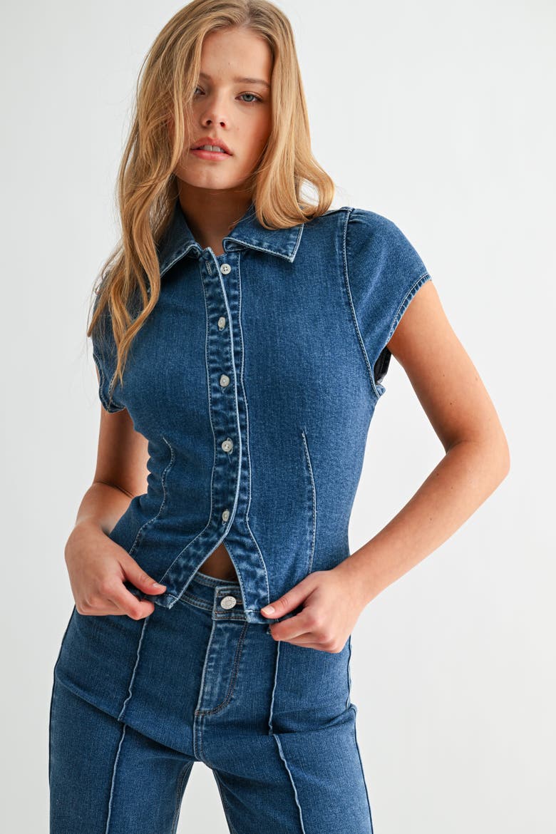 The Seam Fitted Denim Shirt, Alternate, color, Medium Wash