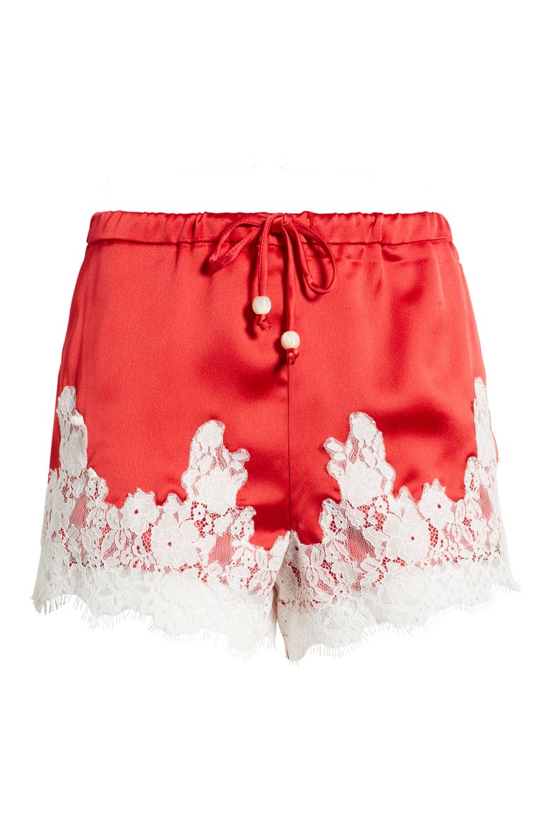 Lace Trim Satin Shorts, Alternate, color, POPPY RED
