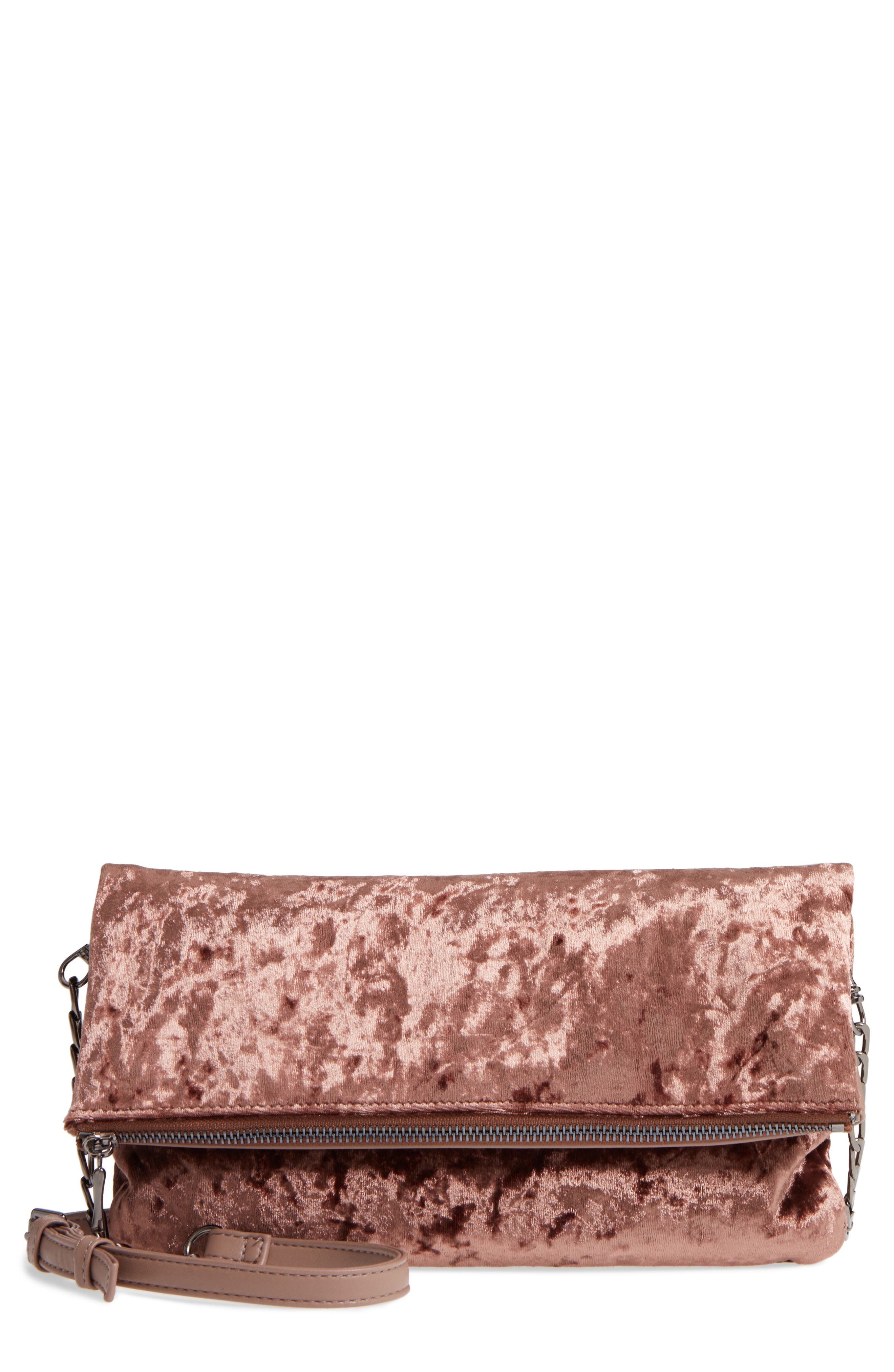 Velvet Foldover Clutch, Main, color, MAUVE