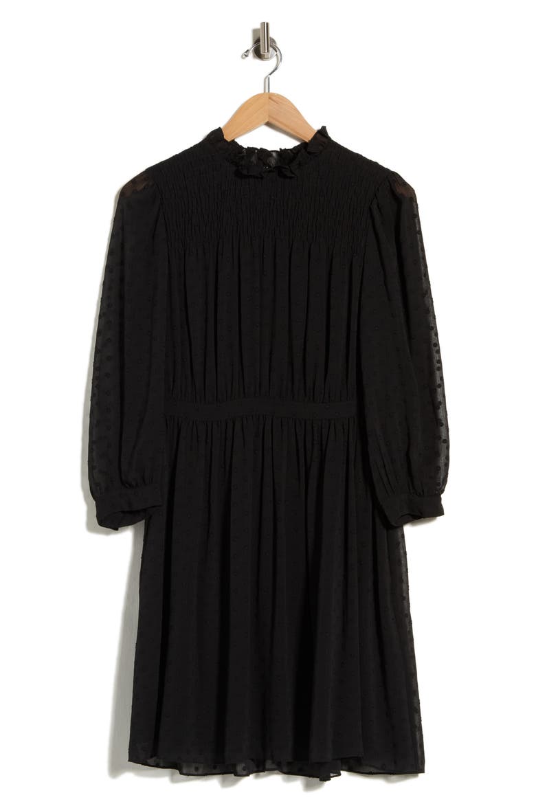 Long Sleeve Clip Dot Chiffon Dress, Alternate, color, BLACK