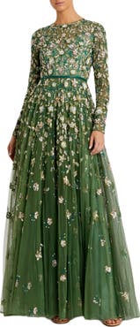 Mac Duggal Women's Embellished High Neck Long Sleeve A Line Gown