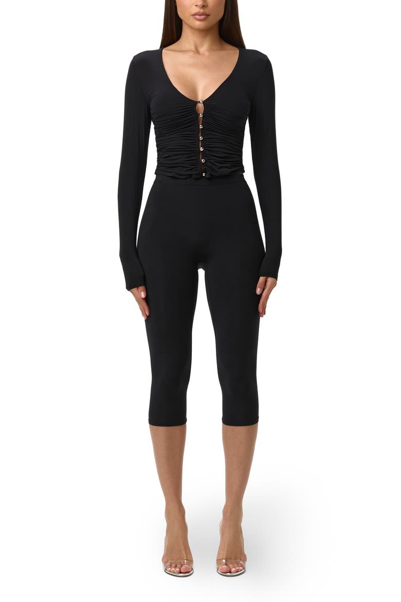 Ruched Button-Up Knit Top, Alternate, color, BLACK
