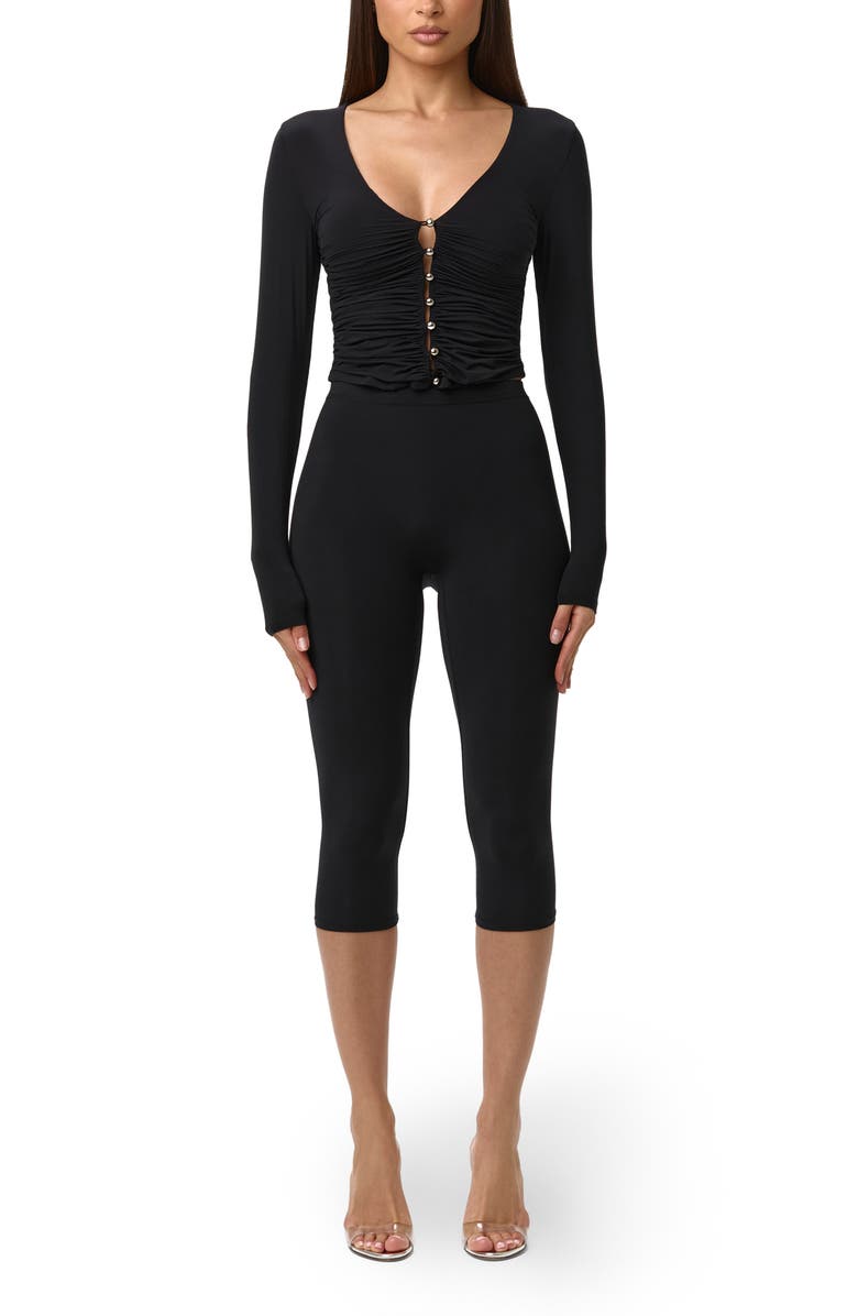 Naked Wardrobe Ruched Button-Up Knit Top, Alternate, color, Black