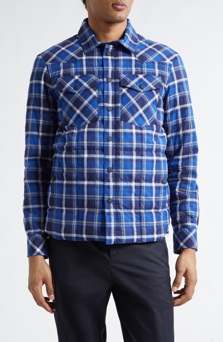 Moncler Grenoble Gelt Plaid Stretch Cotton Puffer Down Shirt Jacket, Main, color, Navy Check
