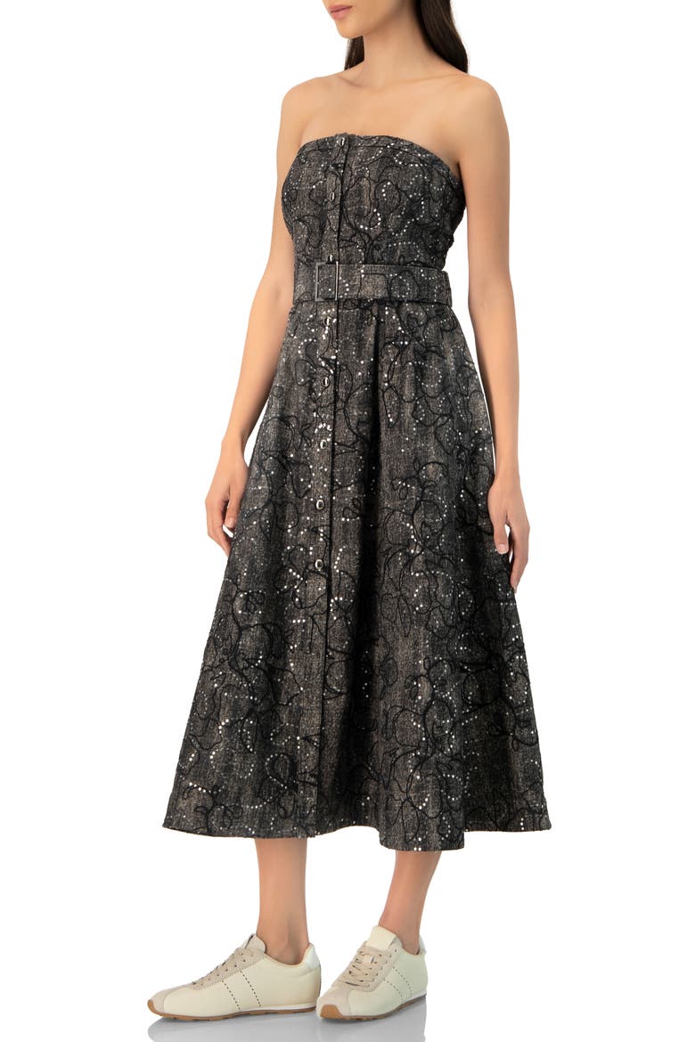 Fantasy Denim Midi Strapless Dress, Alternate, color, Black