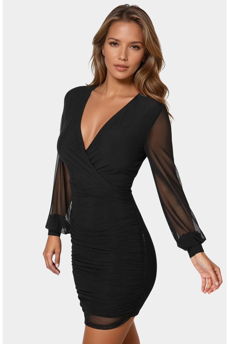 Long Sleeve Ruched Faux Wrap Minidress, Alternate, color, BLACK