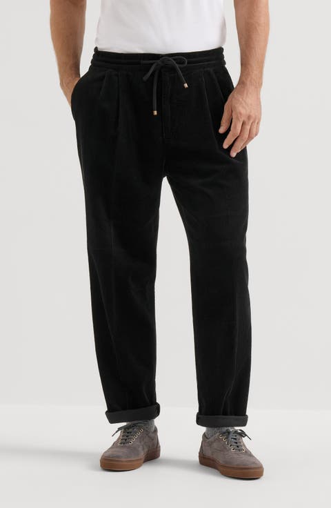 Garment-dyed trousers in cotton corduroy with drawstring and double pleats