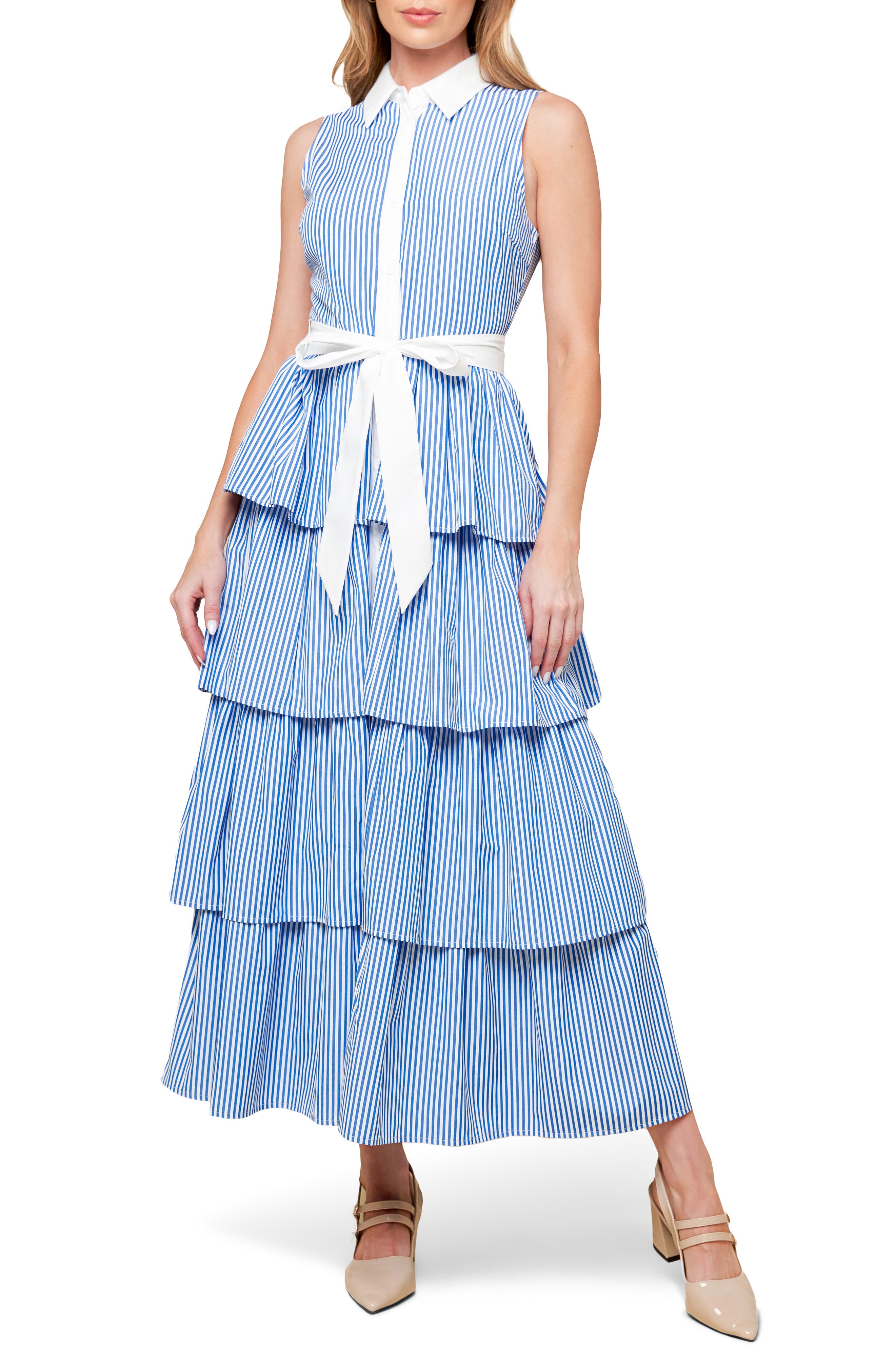 FLYING TOMATO Stripe Sleeveless Tiered Maxi Shirtdress