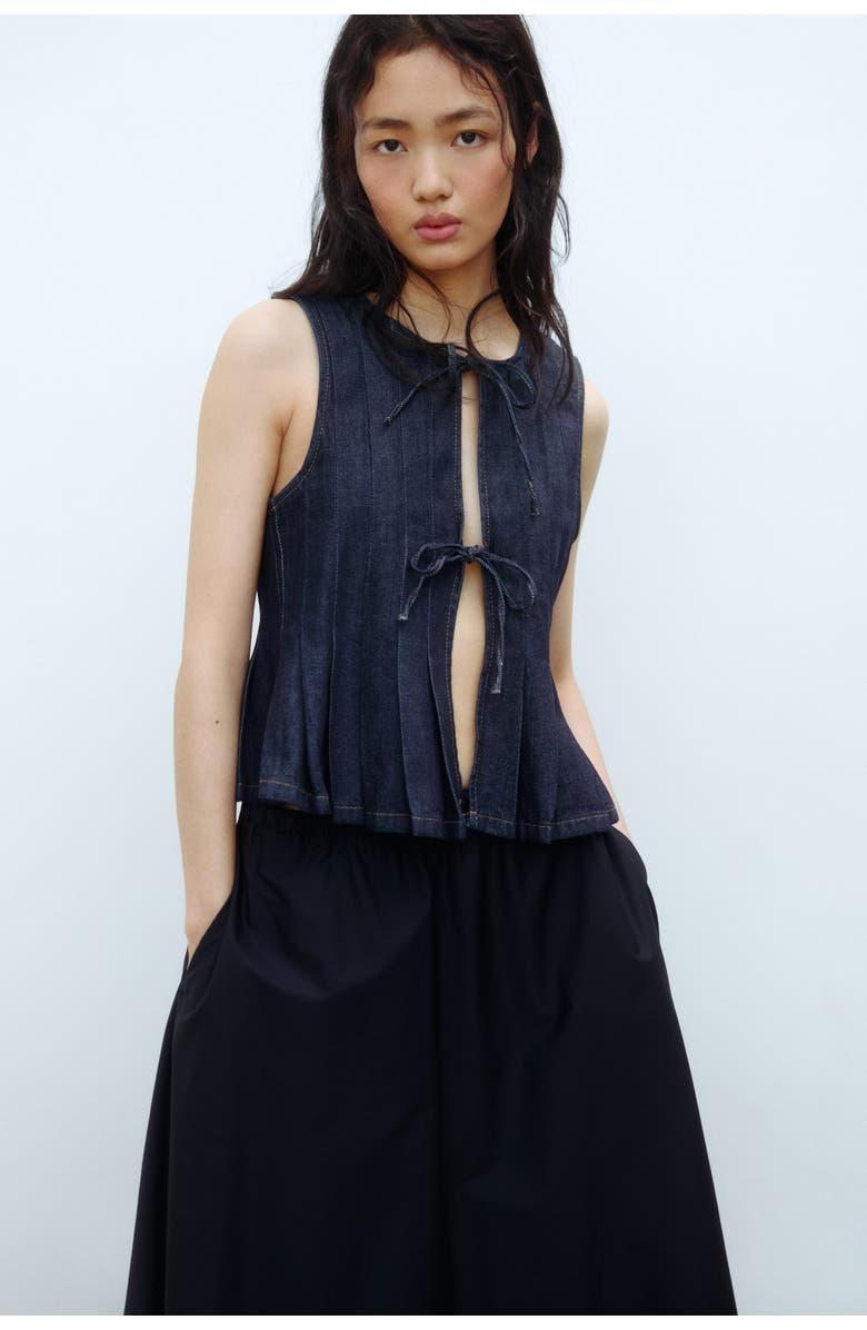 H&M Tie-detail Denim Waistcoat, Alternate, color, Dark Denim Blue