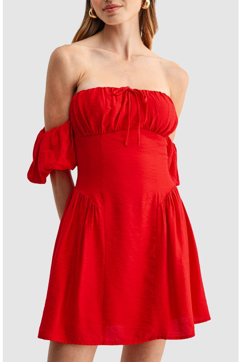 Shirred Off the Shoulder Dress, Alternate, color, RED