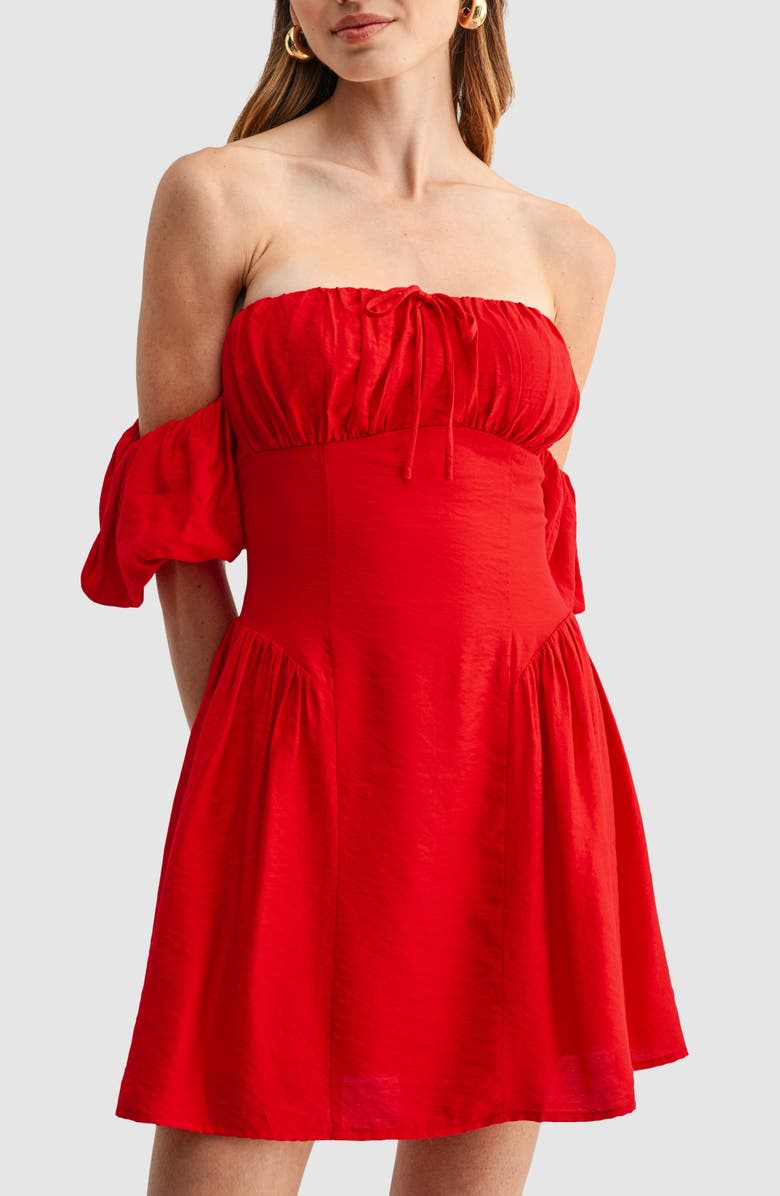 All in Favor Shirred Off the Shoulder Dress, Alternate, color, Red
