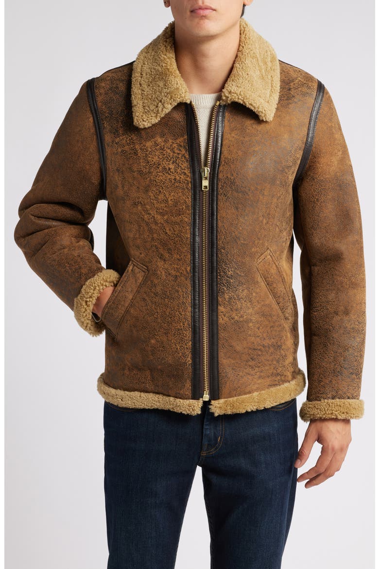 Genuine Shearling Collar Sheepskin Bomber Jacket, Alternate, color, BROWN