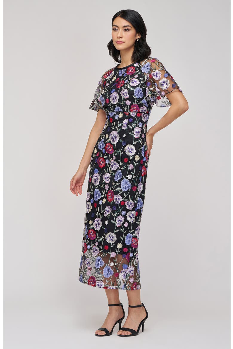 Embroidered Floral Mesh Cocktail Dress, Alternate, color, BLACK/ MULTI