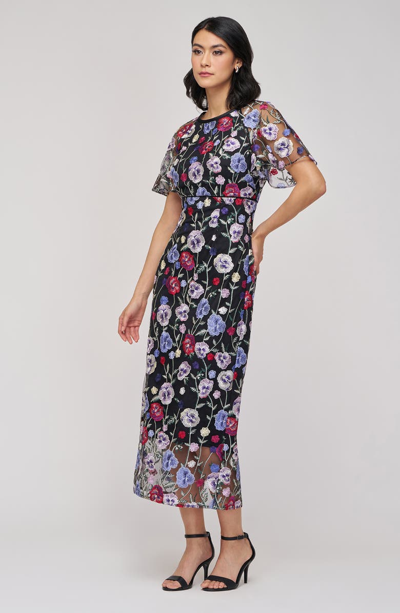 JS Collections Embroidered Floral Mesh Cocktail Dress, Alternate, color, Black/ Multi