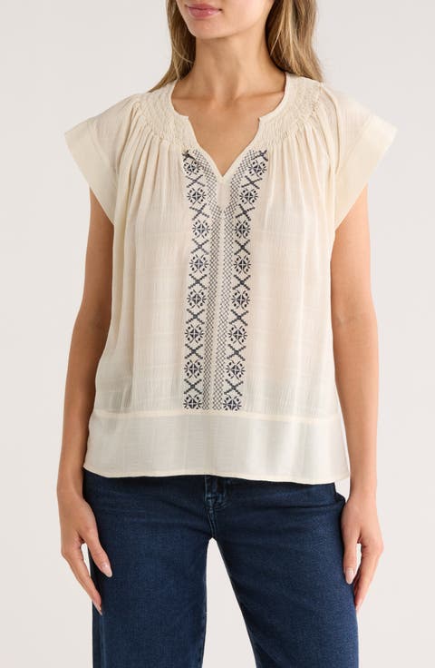 Embroidered Flutter Sleeve Top