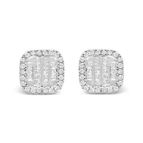 10K White Gold Invisible Set 1/2 Cttw Diamond Composite and Halo Stud Earrings