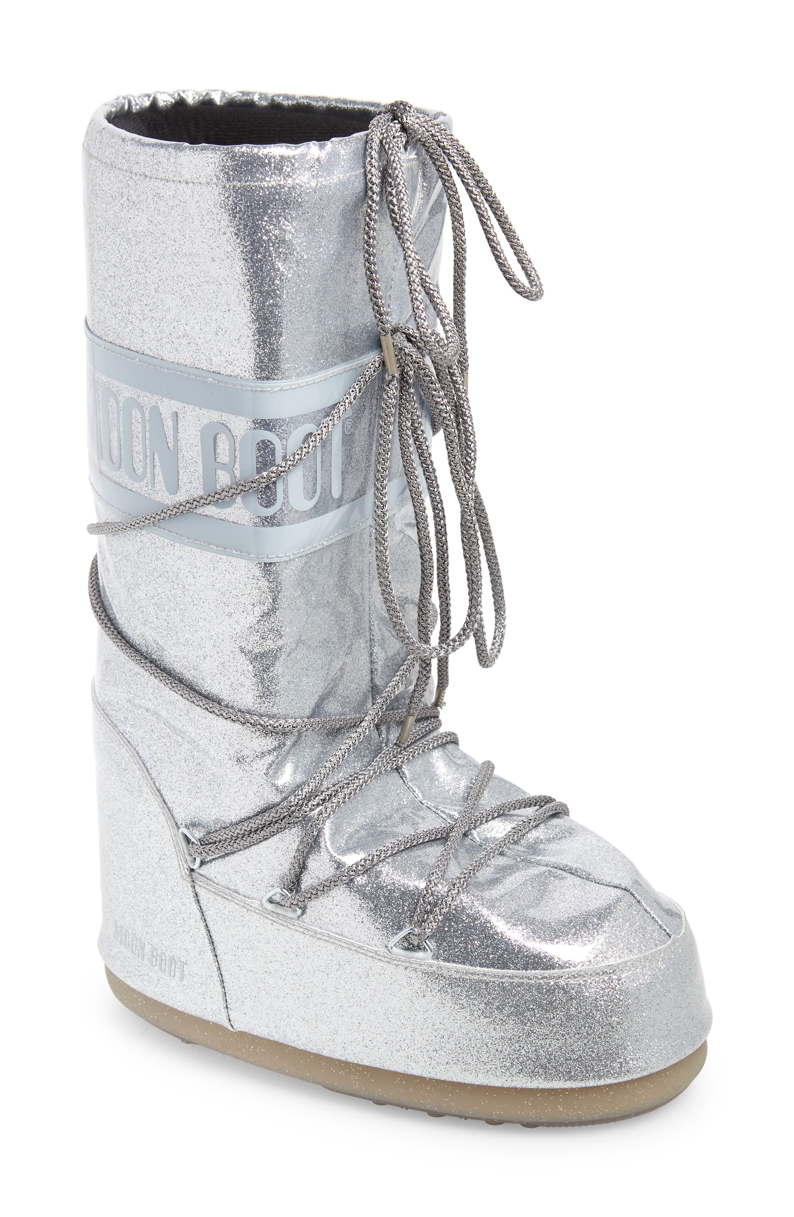 Metallic Glitter Icon Water Resistant Moon Boot®, Main, color, SILVER
