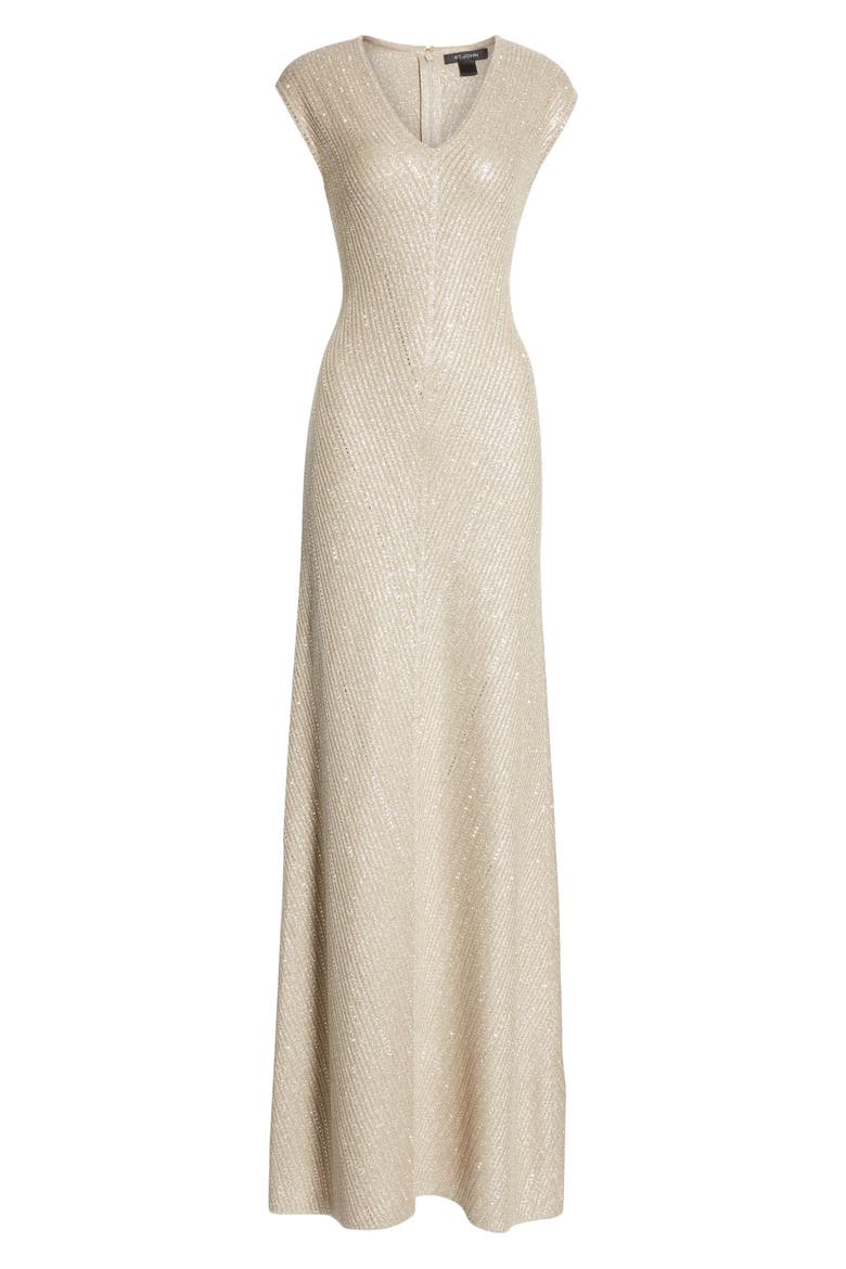 Brielle Knit V-Neck Gown, Alternate, color, DARK KHAKI/ GOLD