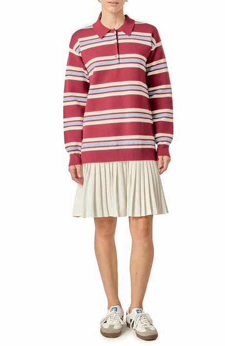 English Factory Stripe Long Sleeve Mixed Media Dress