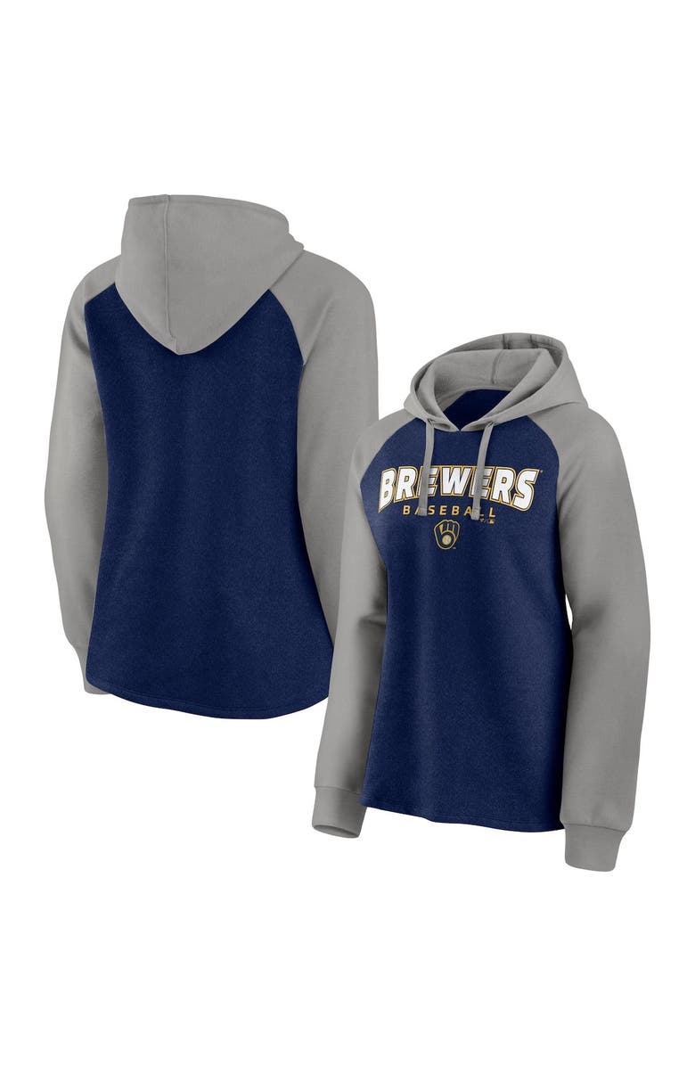FANATICS Women's Fanatics Branded Navy/Gray Milwaukee Brewers Recharged Raglan Pullover Hoodie, Main, color, 