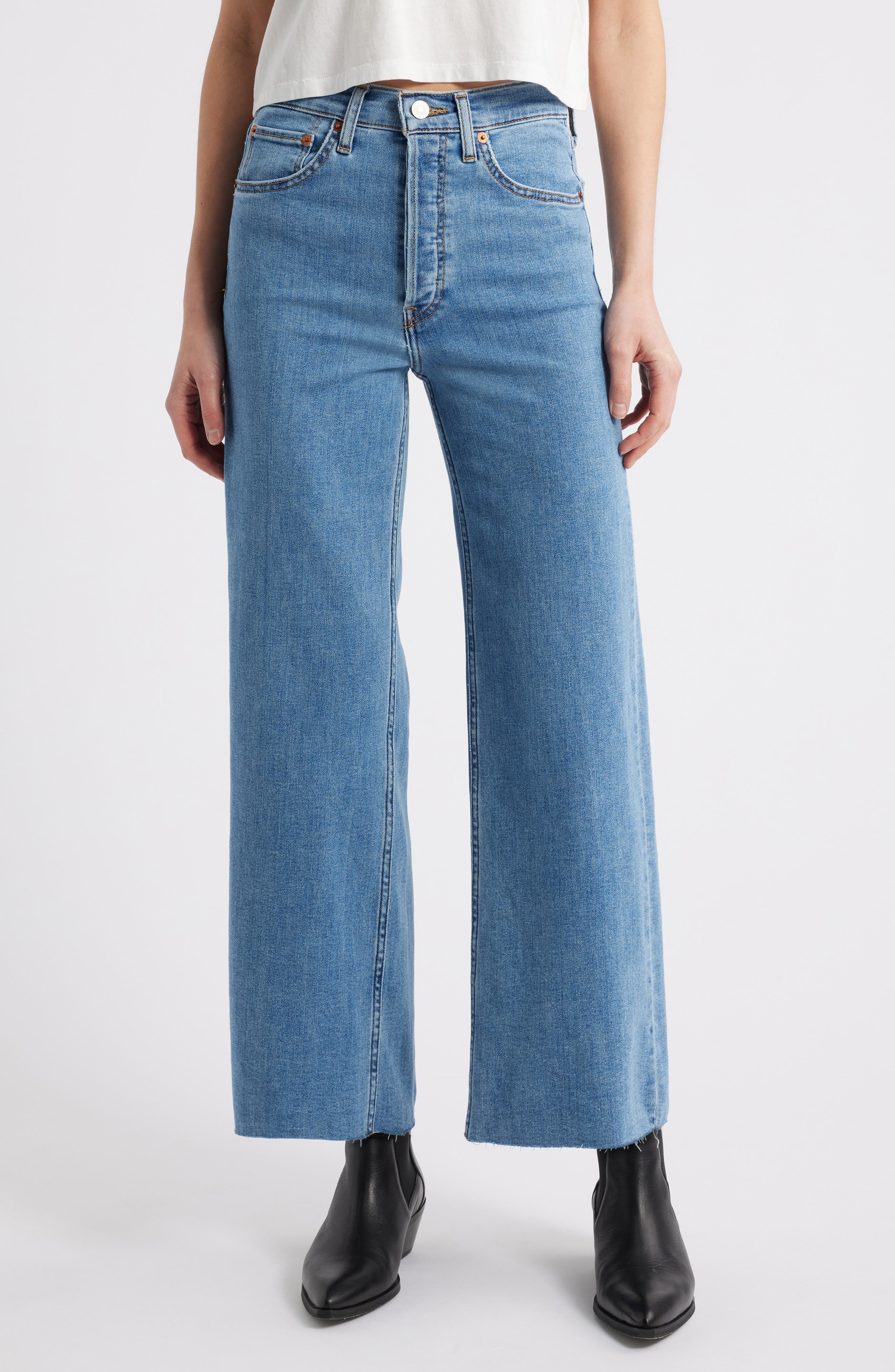Re/Done Raw Hem High Waist Ankle Wide Leg Jeans