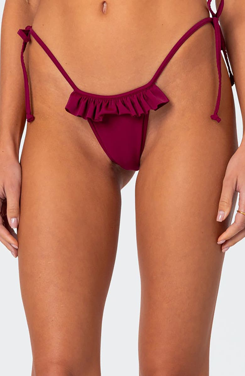 EDIKTED Joelle Ruffle Side Tie Bikini Bottoms, Main, color, Burgundy
