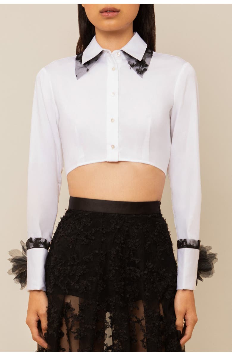 Contessa Mills Raven Cropped Lace-Trim Poplin Shirt, Main, color, White