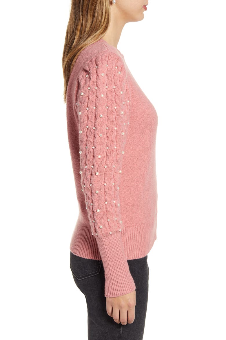 Imitation Pearl Embellished Puff Sleeve Sweater, Alternate, color, PINK COMPACT