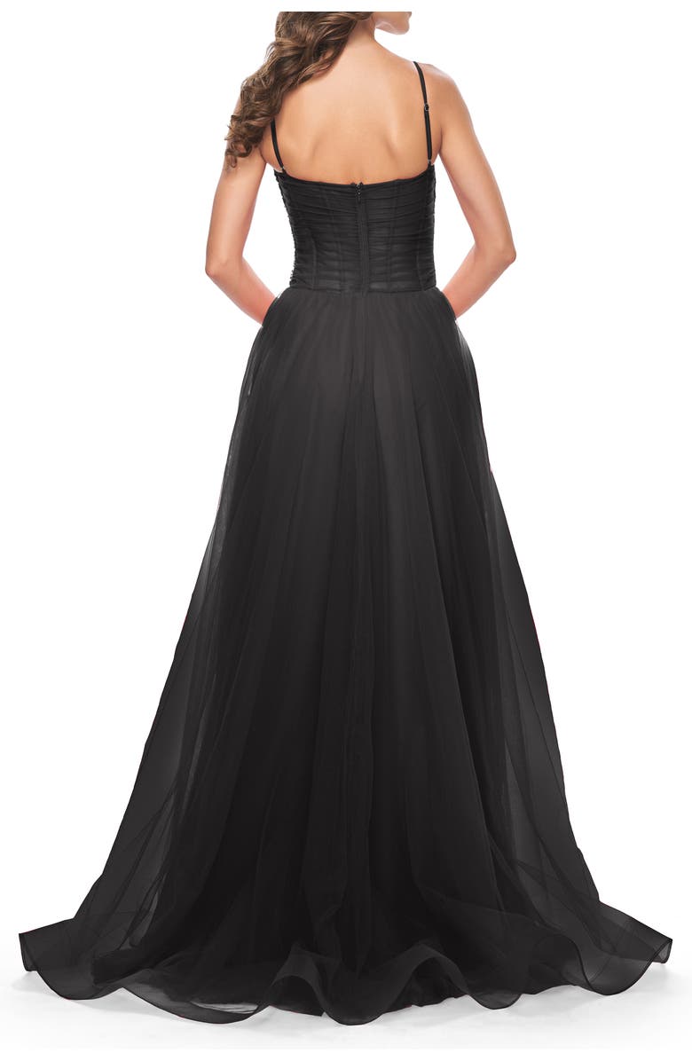 La Femme A-line Square Neck Tulle Ballgown with Illusion Waist, Alternate, color, Black