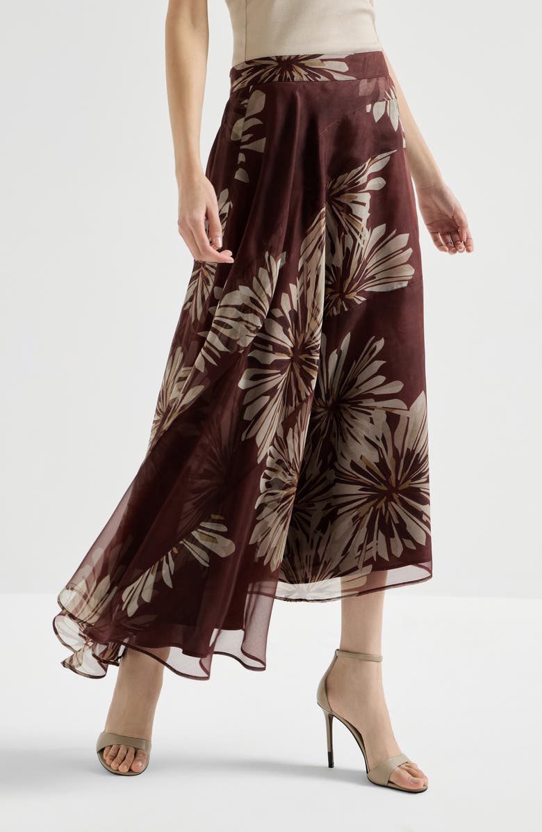 Brunello Cucinelli Bloom print fluid skirt, Alternate, color, Bordeaux