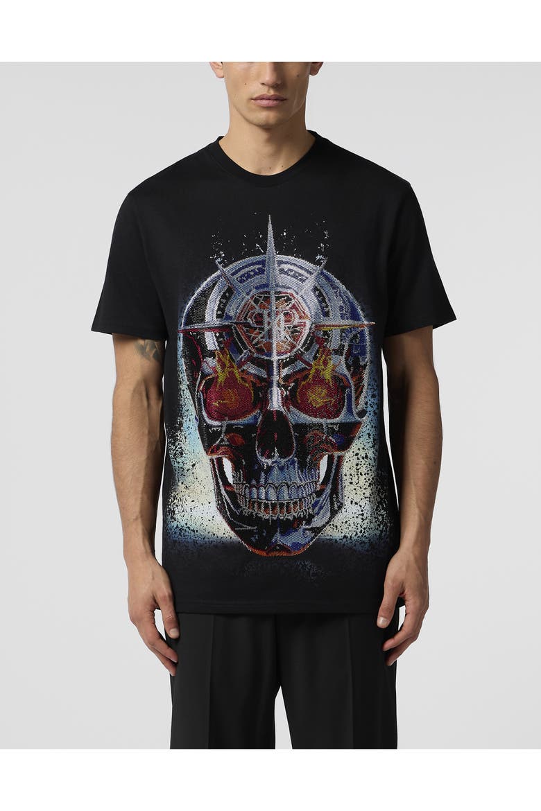 Round Neck T-Shirt Chrome Skull Stones Men, Main, color, black