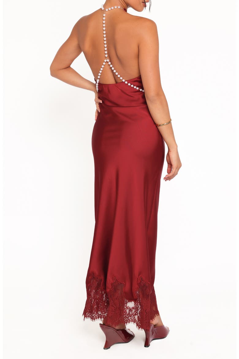 Jeannie Imitation Pearl Detail Satin Maxi Dress, Alternate, color, DARK RED
