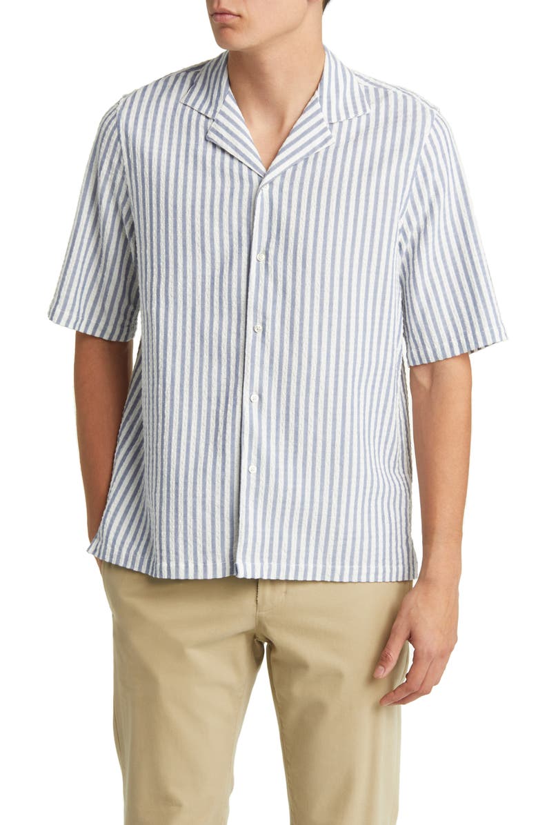 Officine Générale Eren Stripe Short Sleeve Cotton Button-Up Shirt, Main, color, 