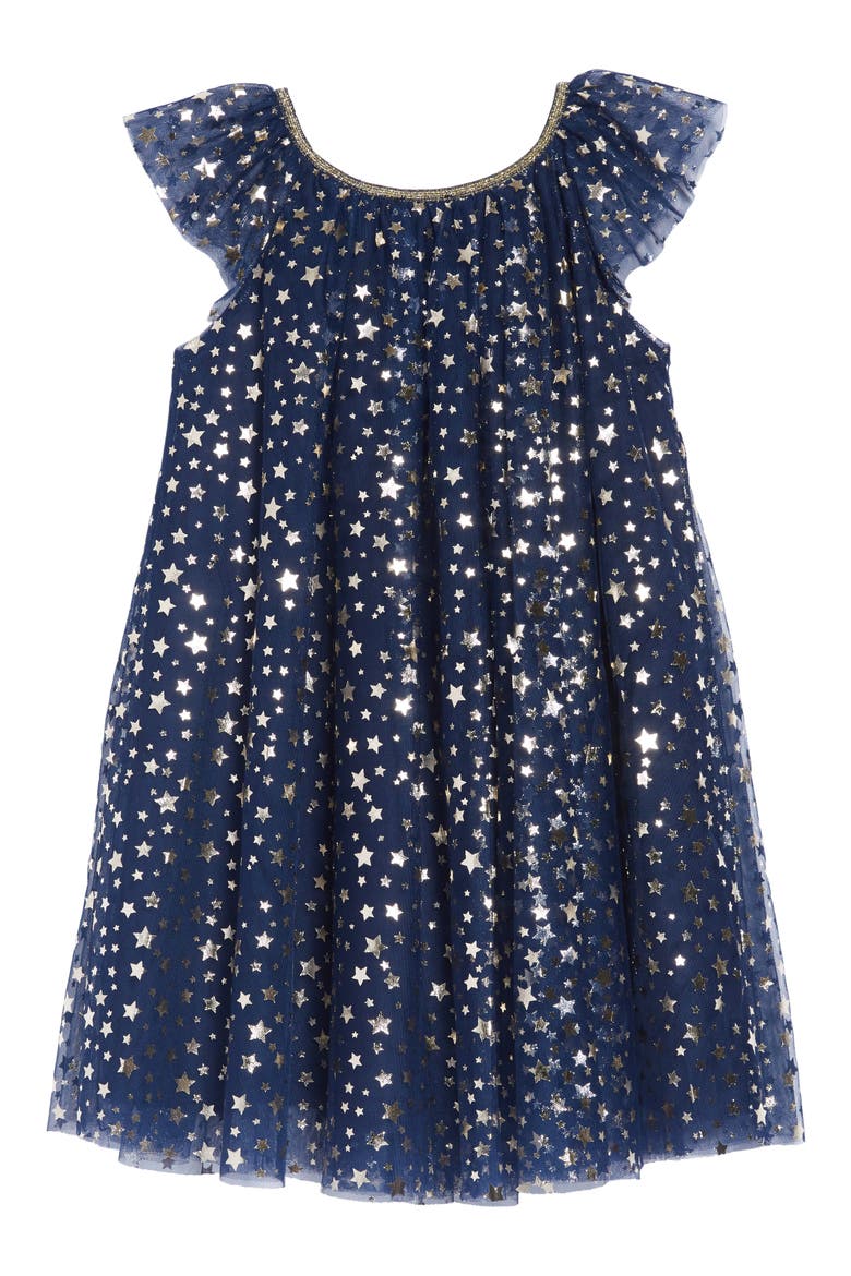 Foil Star Mesh Trapeze Dress, Alternate, color, NAVY STAR