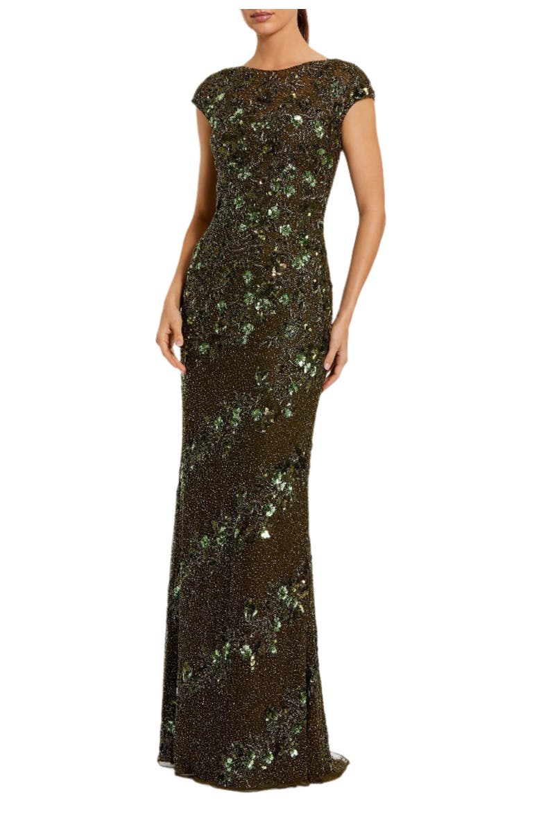 Mac Duggal Beaded High Neck Cap Sleeve Column Gown, Main, color, Olive