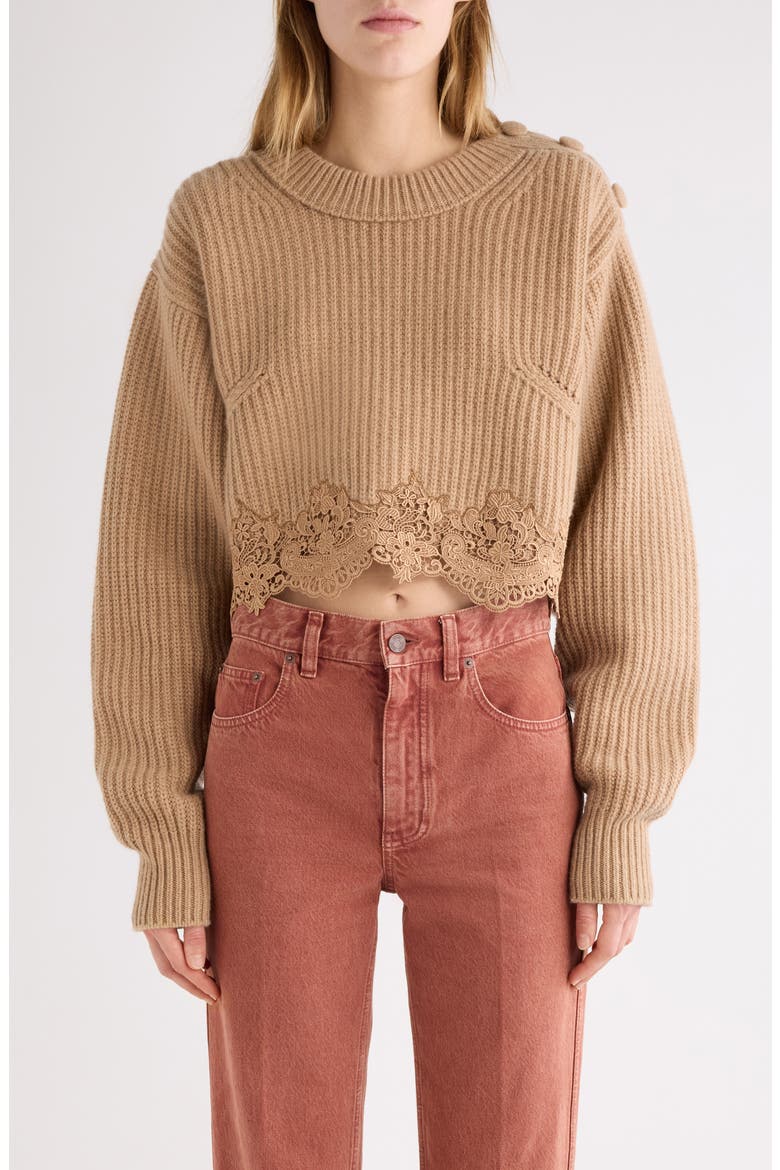 Guipure Lace Hem Wool & Cashmere Crop Sweater, Main, color, BLEACHED BROWN