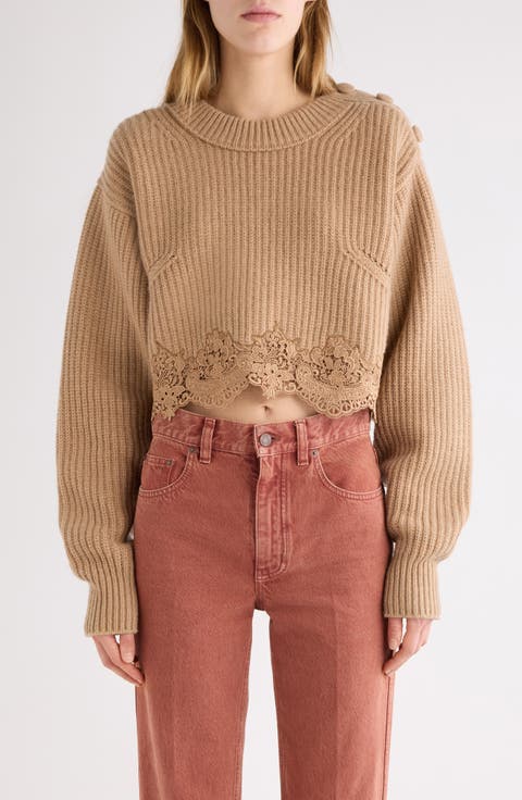 Guipure Lace Hem Wool & Cashmere Crop Sweater